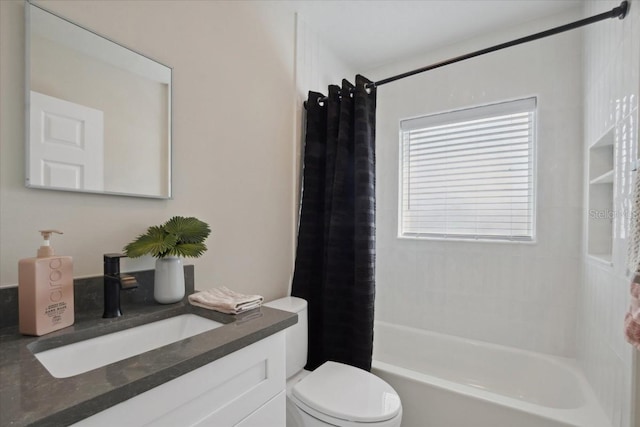 full bathroom with toilet, vanity, and shower / bathtub combination with curtain