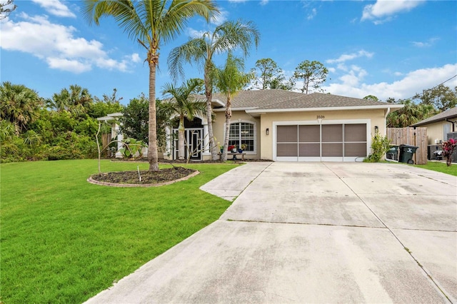 single story home with a front lawn and a garage