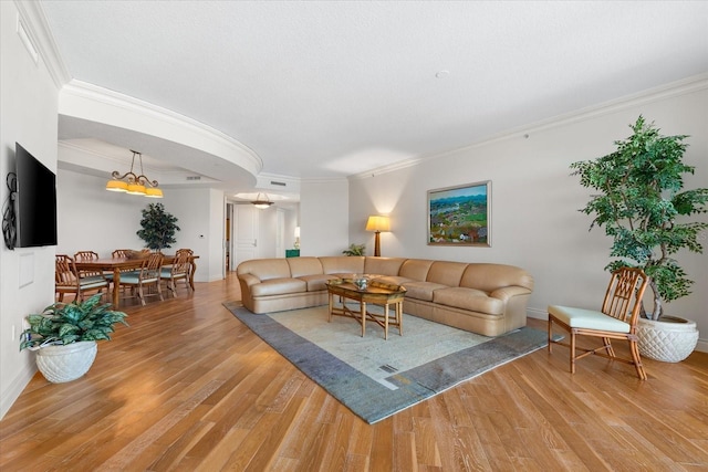 living room featuring crown molding and wood-type flooring