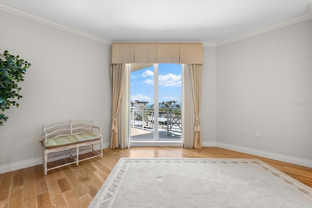 unfurnished room featuring light hardwood / wood-style floors and ornamental molding