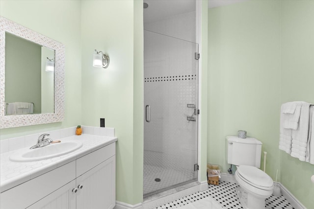 bathroom with tile patterned flooring, toilet, an enclosed shower, and vanity