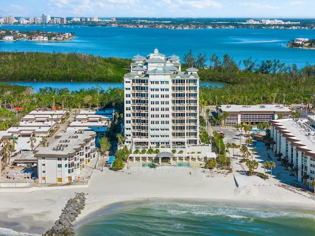 aerial view featuring a water view and a view of the beach