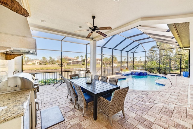 view of swimming pool with an in ground hot tub, a water view, a lanai, a patio, and area for grilling