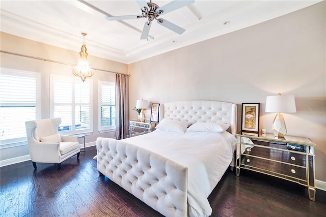 bedroom with ceiling fan, coffered ceiling, and dark hardwood / wood-style floors