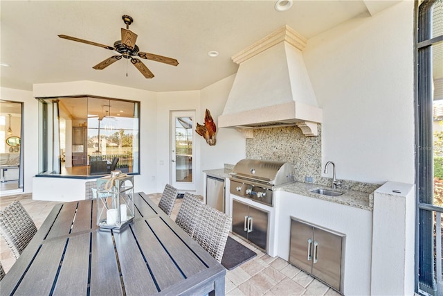 view of patio / terrace with sink, ceiling fan, a grill, and area for grilling