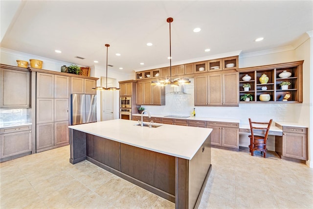 kitchen featuring tasteful backsplash, wall chimney exhaust hood, stainless steel appliances, open shelves, and a sink