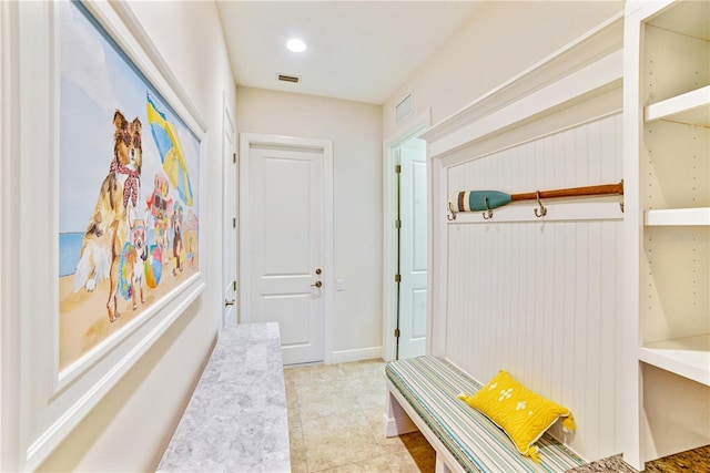 mudroom featuring visible vents and baseboards