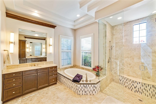 full bathroom with a garden tub, recessed lighting, vanity, a stall shower, and a raised ceiling