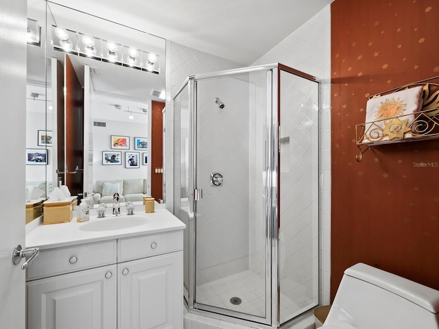 full bathroom featuring visible vents, connected bathroom, a shower stall, and toilet