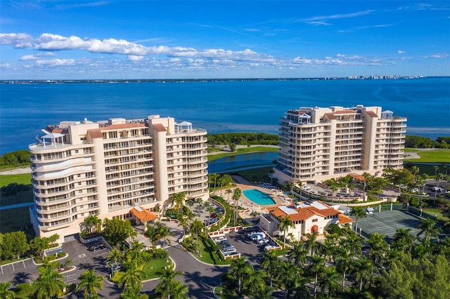 drone / aerial view with a water view