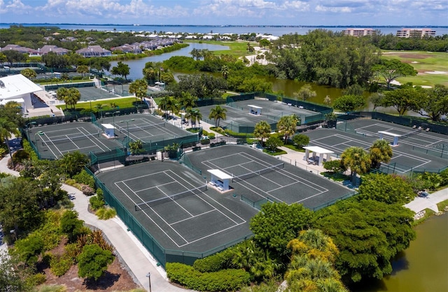 birds eye view of property featuring a water view