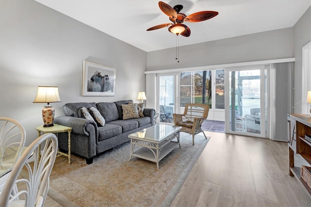 living room with ceiling fan, a wealth of natural light, and light hardwood / wood-style flooring