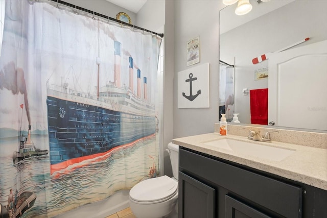 full bathroom featuring tile patterned flooring, vanity, toilet, and shower / tub combo with curtain