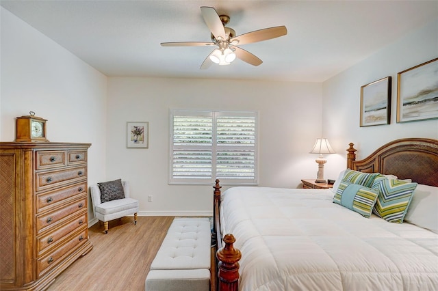 bedroom featuring ceiling fan and light wood-type flooring