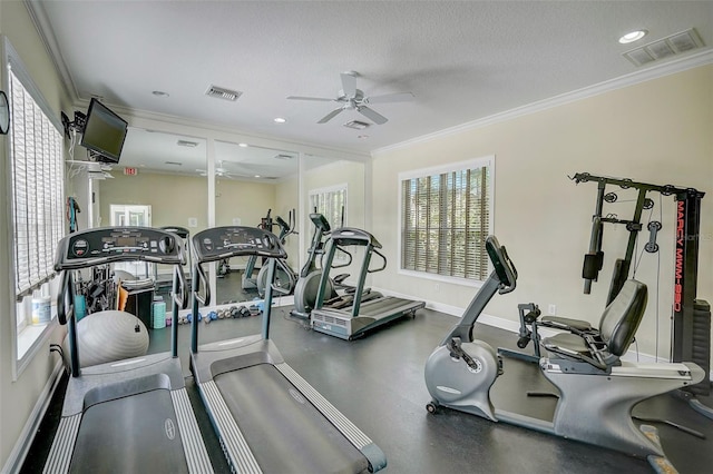 workout area with ceiling fan, crown molding, and a textured ceiling