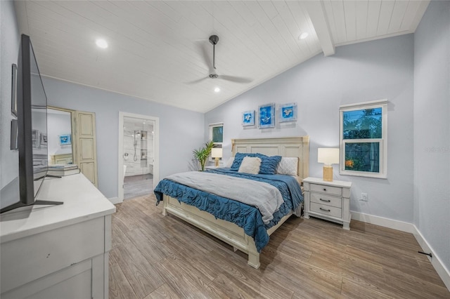 bedroom with vaulted ceiling with beams, light hardwood / wood-style flooring, wooden ceiling, and ceiling fan