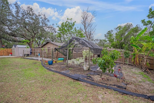 view of yard featuring a storage shed