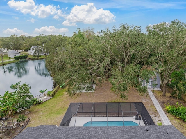 view of swimming pool featuring a water view and a lanai