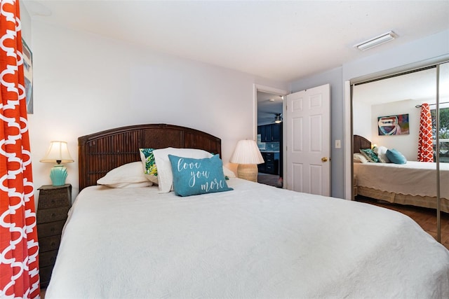 bedroom featuring dark wood-type flooring and a closet