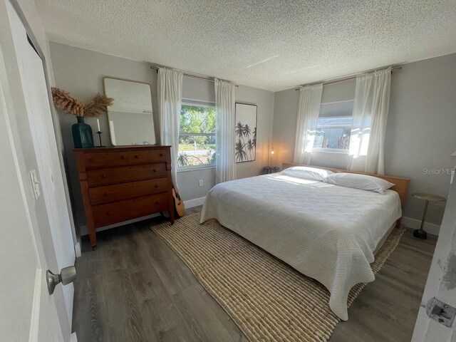 bedroom featuring dark hardwood / wood-style flooring, a textured ceiling, and multiple windows
