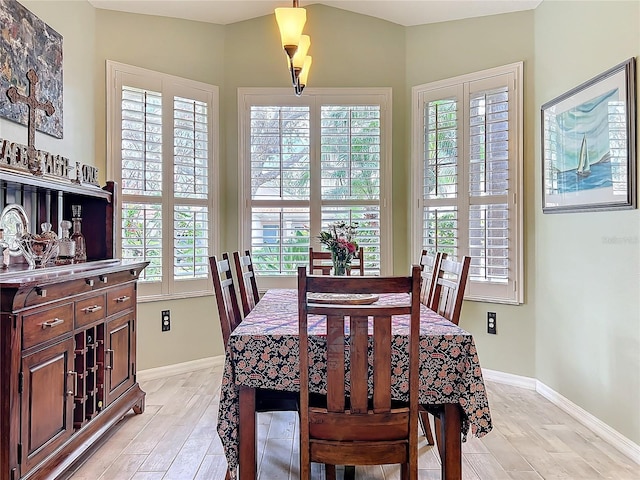 dining room featuring light wood-style flooring and baseboards