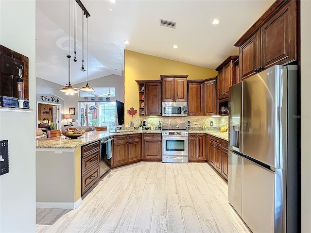 kitchen featuring open shelves, visible vents, appliances with stainless steel finishes, light stone countertops, and a peninsula