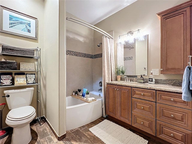 bathroom with vanity, toilet, and shower / bathtub combination with curtain