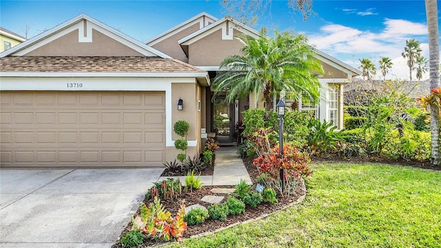 view of front of property featuring driveway, a shingled roof, an attached garage, and stucco siding