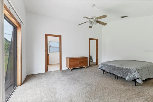 bedroom featuring ceiling fan, light colored carpet, multiple windows, and access to outside