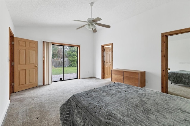 bedroom featuring ceiling fan, lofted ceiling, access to outside, a textured ceiling, and light carpet