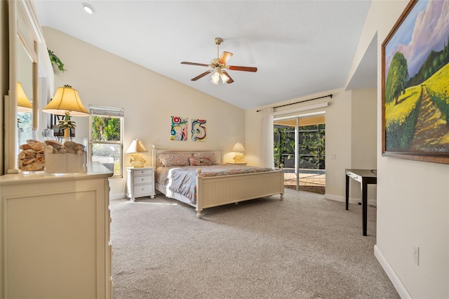 carpeted bedroom with vaulted ceiling, ceiling fan, and access to outside