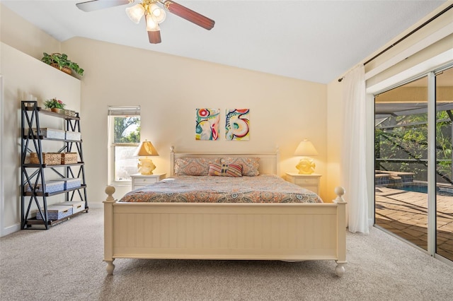 bedroom with lofted ceiling, light carpet, access to exterior, and ceiling fan