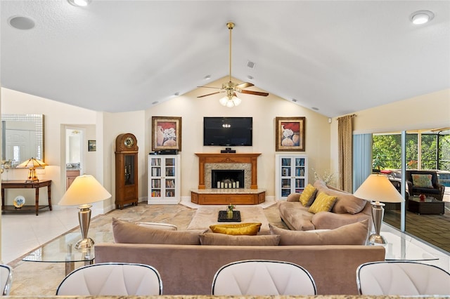 tiled living room featuring lofted ceiling and ceiling fan