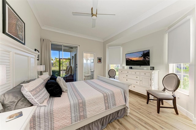 bedroom with ensuite bathroom, access to outside, ceiling fan, crown molding, and light hardwood / wood-style flooring