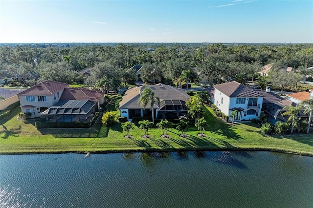 drone / aerial view featuring a water view