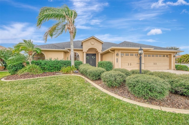 view of front of house with a garage and a front lawn