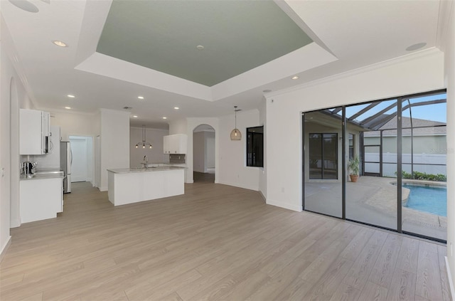 unfurnished living room featuring ornamental molding, a tray ceiling, light hardwood / wood-style floors, and sink