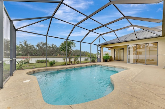 view of swimming pool featuring a lanai, a patio area, and a water view