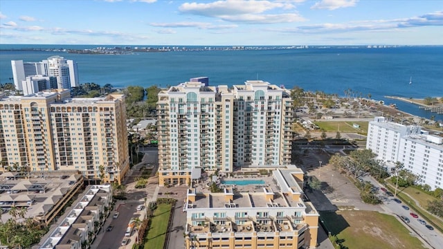 drone / aerial view featuring a water view