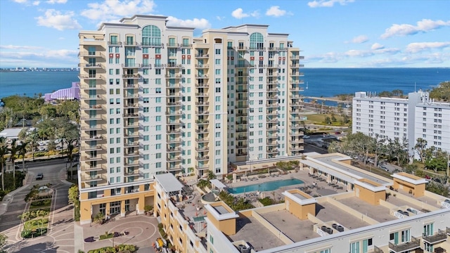 view of building exterior featuring a water view