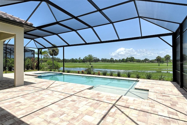 10612 Nicklaus Ct, Englewood, FL 34223 - view of swimming pool with a patio, glass enclosure, a pool with connected hot tub, and golf course view