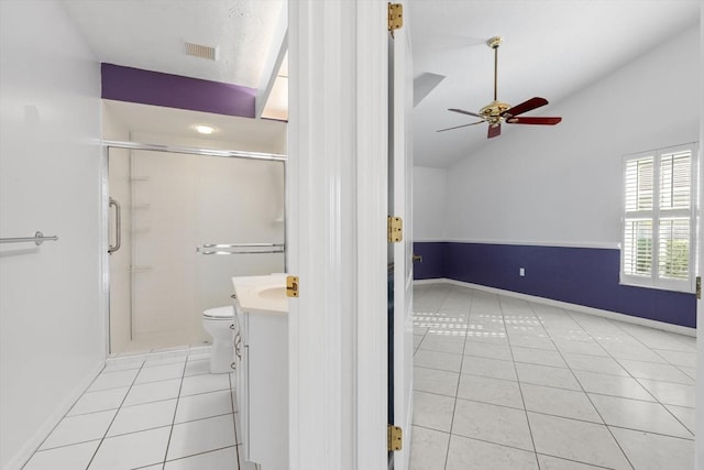 bathroom featuring vanity, tile patterned floors, vaulted ceiling, ceiling fan, and an enclosed shower