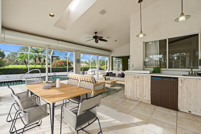 view of patio featuring ceiling fan, an outdoor wet bar, and an outdoor hangout area