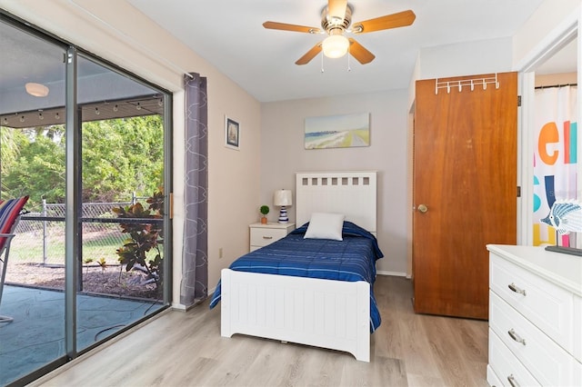 bedroom with ceiling fan, access to exterior, and light wood-type flooring