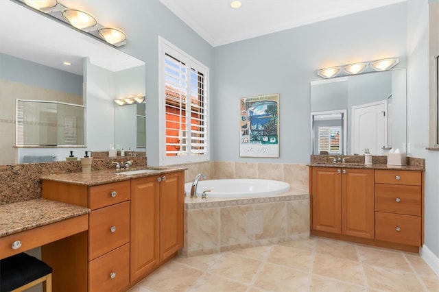 bathroom with vanity and plus walk in shower