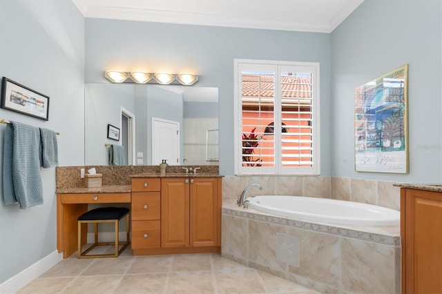 bathroom with tile patterned flooring, a relaxing tiled tub, crown molding, and vanity