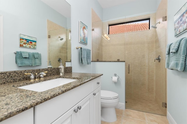 bathroom with tile patterned floors, a shower with door, vanity, and toilet