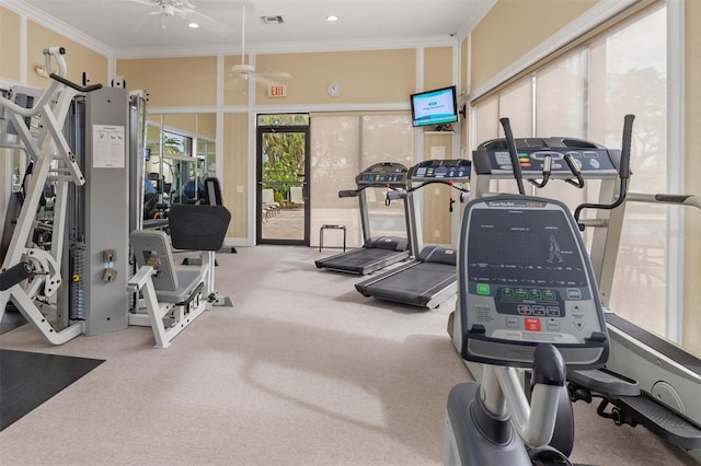 workout area with ceiling fan and crown molding