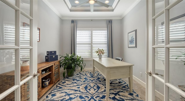 home office featuring a tray ceiling, crown molding, and french doors