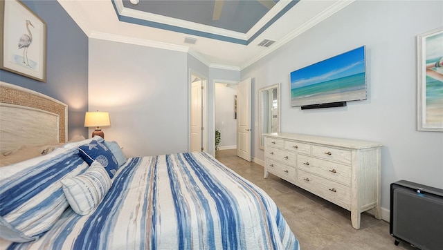 tiled bedroom featuring ceiling fan and ornamental molding